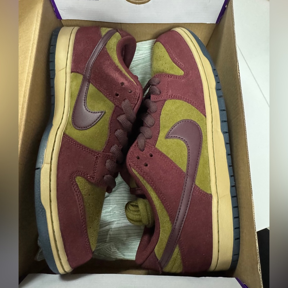 Nike SB Dunk Low Pro Sneakers in Burgundy and Olive